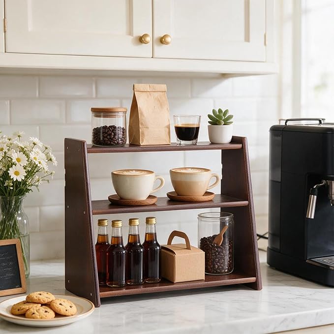 100% Solid Wood Coffee Station Organizer, Countertop Organizer | 3 Tier Spice Rack, Kitchen & Bathroom Counter Organizer, Water Proof Rustic Display Shelf for Mug, Makeup, Trinket, perfume