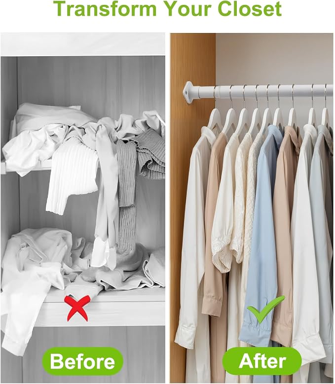 Closet Rod, Adjustable Rod for Hanging Clothes Upgraded Extra Strong, 42 to 52 Inches Clothes Rod for Closet, White