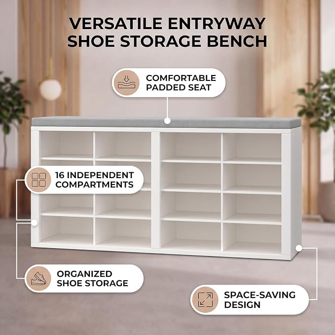Shoe Storage Bench with Cushion Shoe Rack for Entryway 16 Cubby Multifunctional Organizer Bench Entryway with Soft Sponge Cushion for Hallway Living Room Bedroom (White & Light Gray)