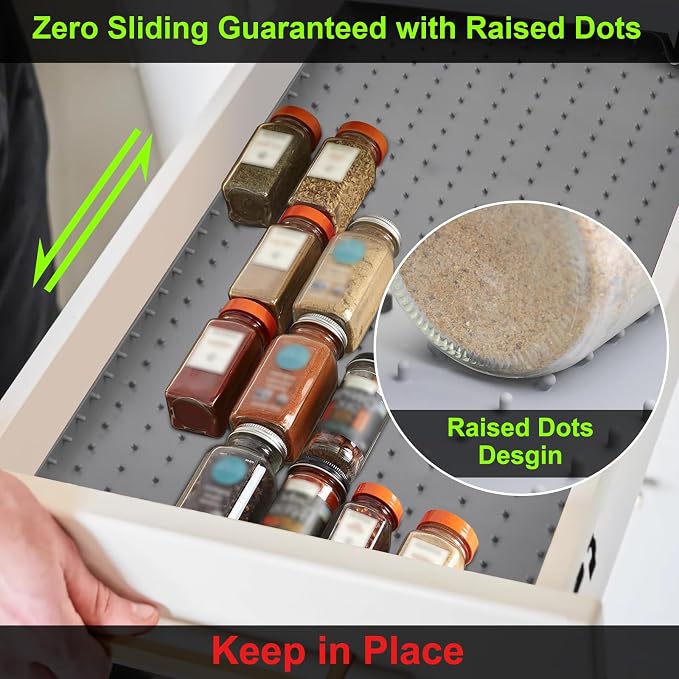 Gosmol Spice Drawer Organizer Insert - Spice Drawer Liner 2 Pack Grey | Adjustable non-slip silicone liner; in-drawer spice organizer for seasoning jars, spice bottles, flat spice rack for drawer