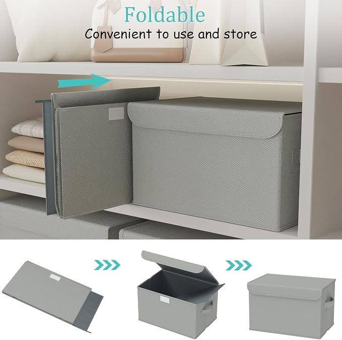 Storage Boxes, Clothes Bins with Lids, 2 Pack, Grey, 15x9.8x9.8 In | Closet Boxes with 2 Carrying Handles, Sturdy Heavy PP-board, Home Organizers Cubes with Cover for Organizing