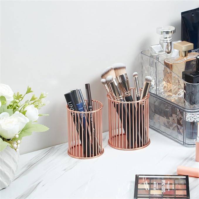 2 Sets Metal Pen Holder for Desk, Makeup Brushes Cup Holder, Pencil Holders, Pen cup, Home and Office Organizer, Rose gold