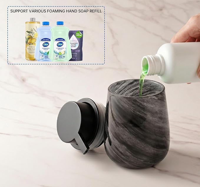 Marble Glass Foaming Hand Soap/Lotion Pump Dispenser, Refillable for Kitchen and Bathroom Countertop (Black)