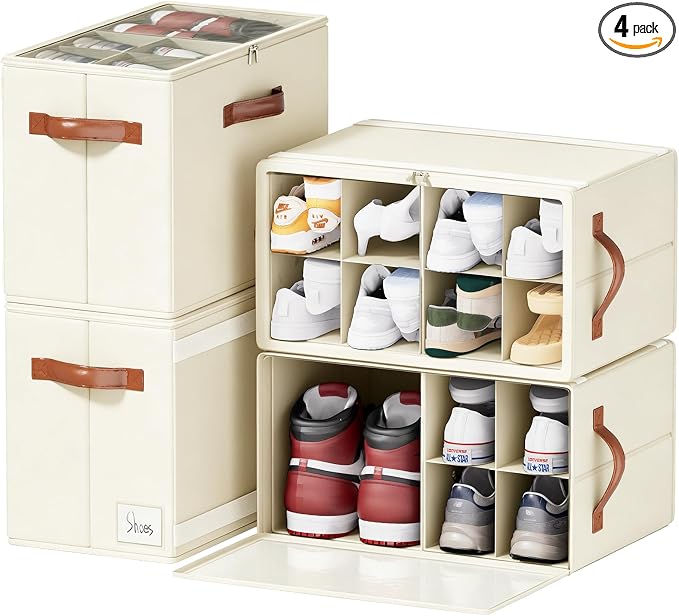Shoe Organizer for Closet, Fits 32 Pairs, Beige, 4 Pack | Space Saving, Adjustable Dividers, Clear Cover, Reinforced Handles, Stackable & Foldable Farbic Shoe Storage Organizer Box