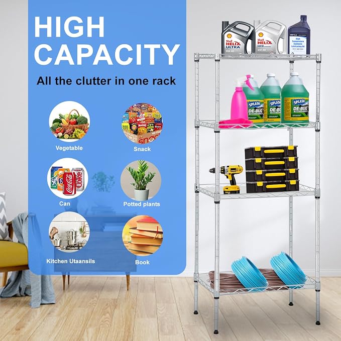 PayLessHere | 4-Tier Wire Shelf | 18"x12"x44" | Chrome | Adjustable Racks | Heavy-Duty Storage Shelves, Holds Upto 600 lbs | Rust-Resistant, No-Tool Assembly | for Home, Garage Shelving