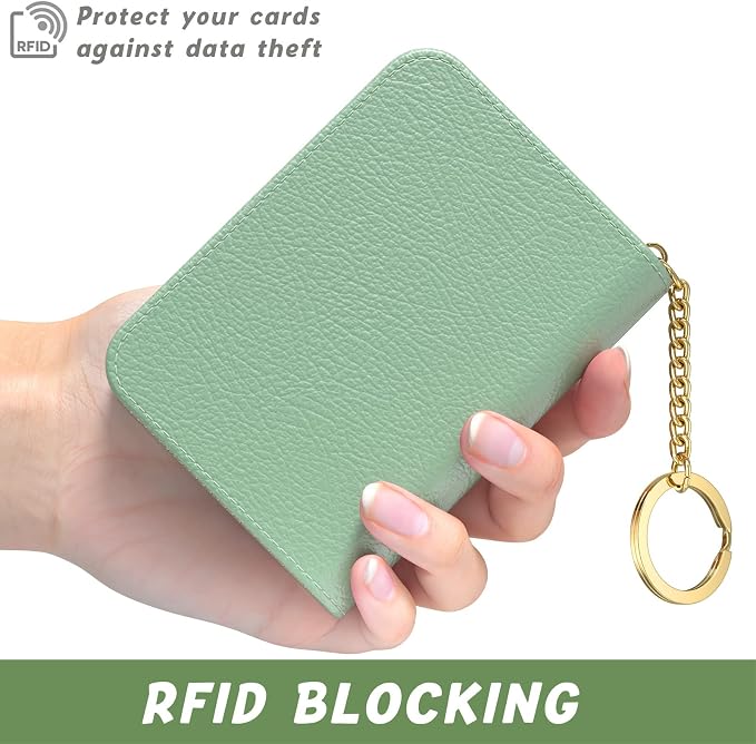 Aiawoxc Credit Card Holder for Women, Small RFID Wallet Slim Leather Business Card Organizer Case with Zipper and Keychain, Green