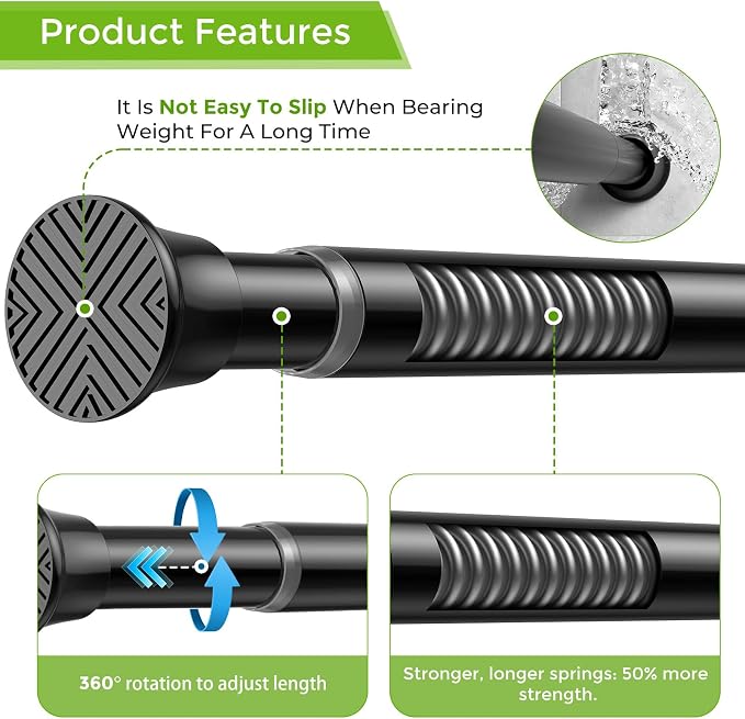 2Pack Curtain Rods for Windows 30-63Inch Black Tension Rod Adjustable Curtain Rod No Drilling Spring Rod Tension Curtain Rods for Windows,Door