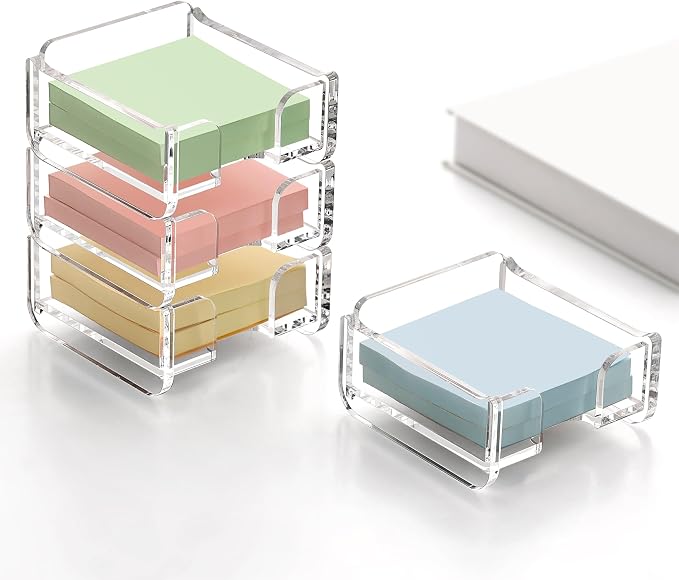 SANRUI Acrylic Sticky Note Holder for 3x3 Inch Notes – Clear Stackable Sticky Note Dispenser, Desk Organizer for Memo Pads, Fits Home, Office and School Supplies