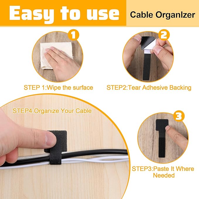 Bewudy 80 Pcs Hook and Loop Cable Straps, Self Adhesive Hook and Loop Cable Ties, Cables Management Wire Organizer Under Desk, Cord Organizers for Desk Home Office Essentials(Black)