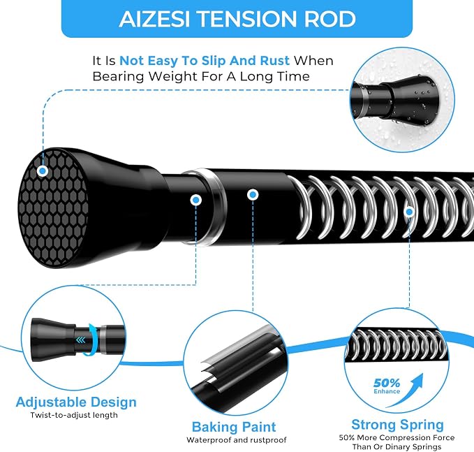 AIZESI 2PCS Tension Curtain Rod 16-26 Inch Adjustable 7/8" Diameter No Drilling Black Spring Tension Rod, Small Curtain Rods for Window, Kitchen, Doorway, Closet