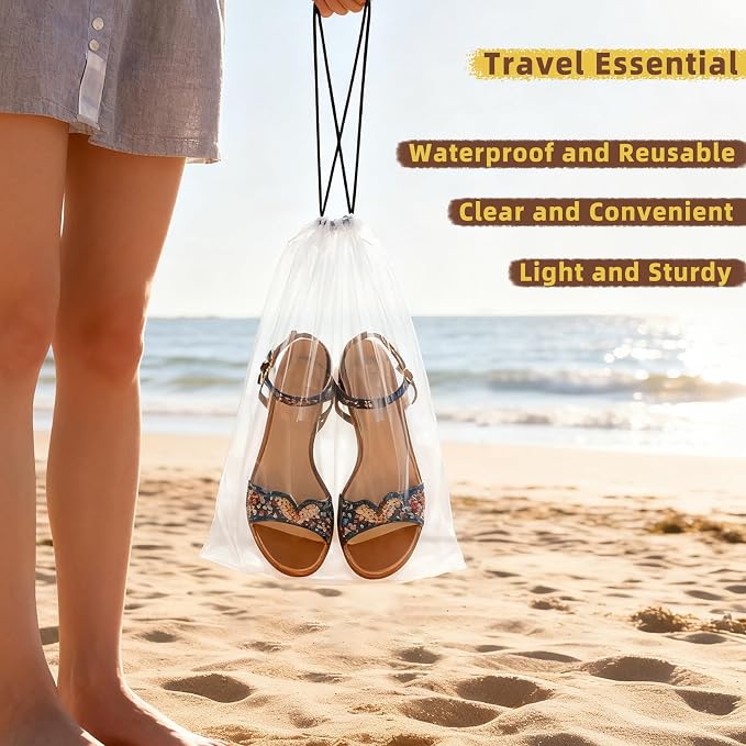 50 Pack Clear Shoe Bags for Travel, 12"x18" Large Travel Shoe Bags for Storage and Packing, Waterproof Drawstring Shoe Bag for Traveling, Bulk Travel Essentials for Men and Women
