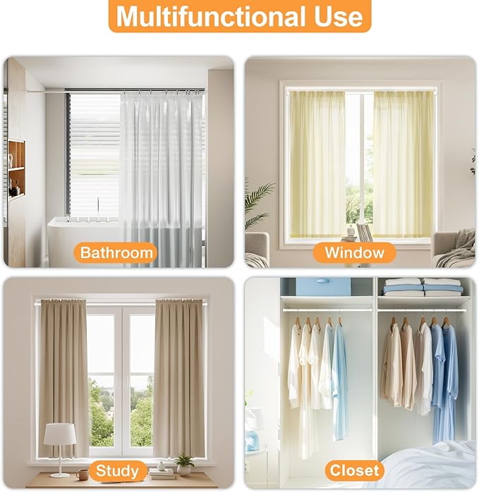 Tension Curtain Rod 30-62Inch White Tension Rod for Windows Shower Curtain Rods No Drilling Spring Adjustable Curtain Rods for Windows,Doorway,Bathroom,Closet,7/8" Diameter