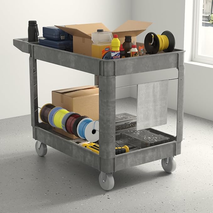 Plastic Utility Cart on Wheels, 45 x 25 Inch Rolling Service Cart-Gray | 2 Shelf Work Carts, 500 lbs Capacity Heavy Duty Tool Cart W/Tub Storage & Deep Shelve, for Warehouse, Garage, Cleaning