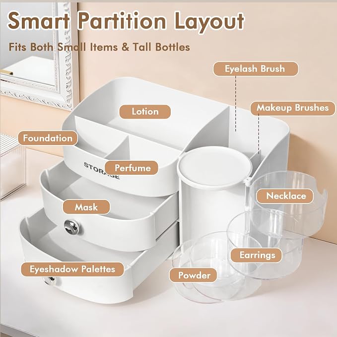 XIAPIA Makeup Organizer Countertop, Make Up Organizer for Vanity | Skincare & Cosmetic Organizers with Drawers, Bathroom Storage for Brush Holder|Lipstick|Jewelry, Ideal Gift for Women, White