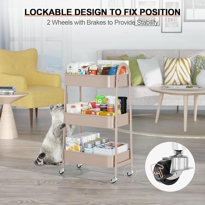 EAGMAK 3 Tier Utility Rolling Cart, Metal Storage Cart with Handle and Lockable Wheels, Multifunctional Storage Organizer Trolley with Mesh Baskets for Kitchen, Living Room, Office, Garage (Beige)