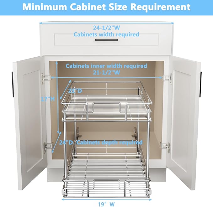 ROOMTEC New Version Pull Out Cabinet Organizer for Base Cabinet (20" W X 21" D), Kitchen Cabinet Organizer and Storage 2-Tier Cabinet Pull Out Shelves Under Cabinet Storage for Kitchen Silver,Chrome