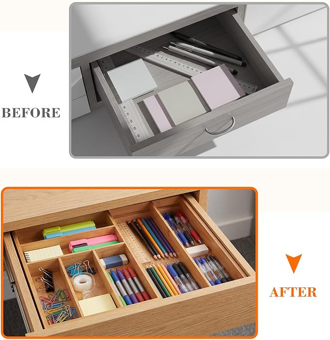 Briwooody Bamboo Sliding Desk Drawer Organizer 9'' up to 18'' x 15'' x 2'' Expandable Office Desk Accessories Supplies Tray with 7 Compartments for Pens, Notebooks, Rulers, and Makeup Jewelry Vanity