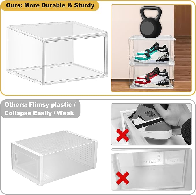 2 Pack Plastic Shoe Storage Boxes Fit US Size 13, Clear Stackable Shoe Display Case with Magnetic Acrylic Door, Shoe Containers for Sneaker Storage, Hats, Figure, Collectible