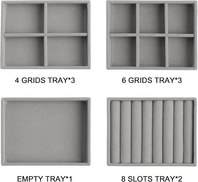 Frebeauty Small Jewelry Organizer for Drawer,Set of 9 Velvet Jewelry Trays | Jewelry Box Inserts,Drawer Inserts,Vanity Drawer Organizer,Mini Size,Stackable Earring Organizer,Adjustable Dividers