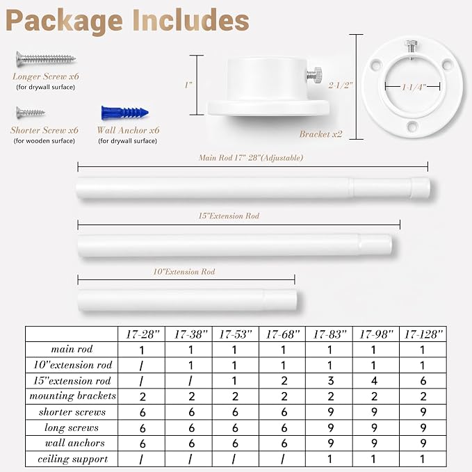 Closet Rod Adjustable 17-68”, Heavy Duty Hanging Clothes Rod, White | 1-1/4” Diameter, Stepless Metal Closet Bar, Wall-Mounted, For Hanging Clothes, Walk-In Closet, Wardrobes, Laundry Room, RV