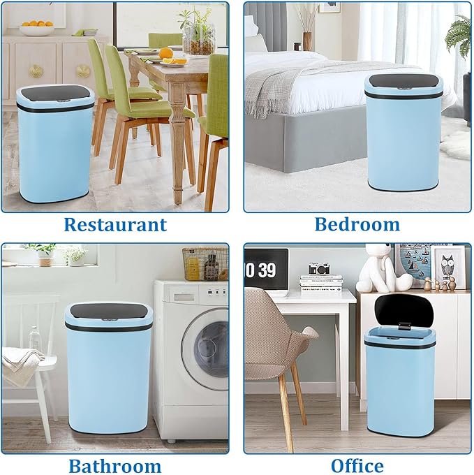 Bigacc 13 Gallon Automatic Touchless Trash Can with Lid, 50L Capacity, Stainless Steel, Blue, 16 x 11 x 23 in