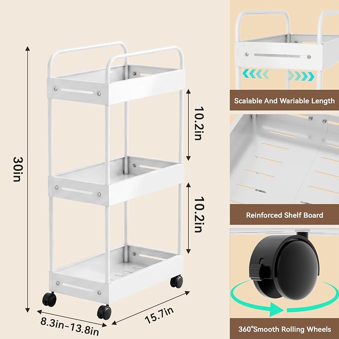 3 Tier Expandable Rolling Storage Cart, Rolling Utility Cart with Wheels | Expandable Adjustable Width, Sturdy Metal Frame, Silent 360° Wheels, Storage for Bathroom, Kitchen, Laundry & Living room