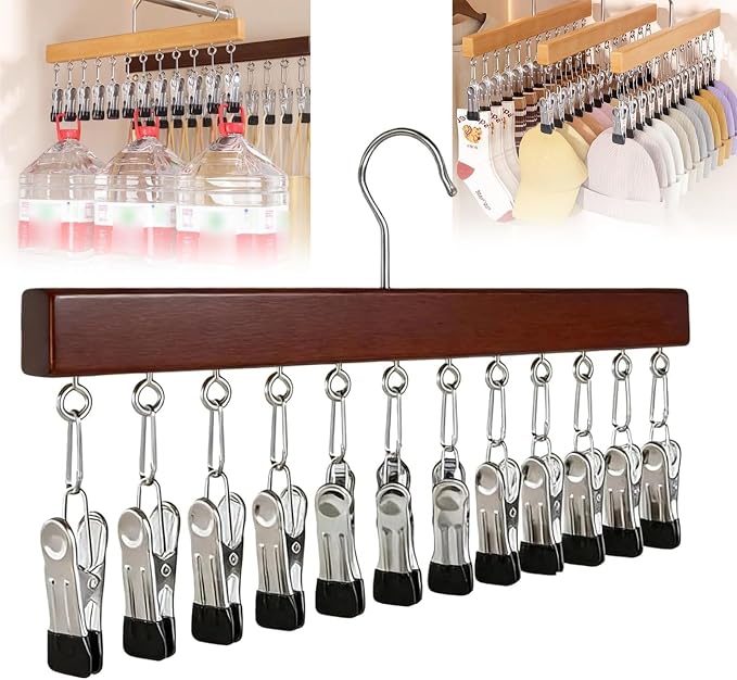 Closet Organizer with 12 Clips, Space Saving Hanging Closet Storage for Hats, Scarves, Jeans, Skirts, Socks, Pants, Multi-Purpose Clip Hanger(Vintage TypeA)