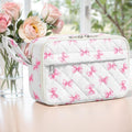 WOBAGMEN Quilted Pencil Pouch for Girls Women, Large Pencil Case Pouch with Compartments Cute Aesthetic Pencil Case Organizer, Floral Pencil Bag for School Supplies (Cute Pink Bow)