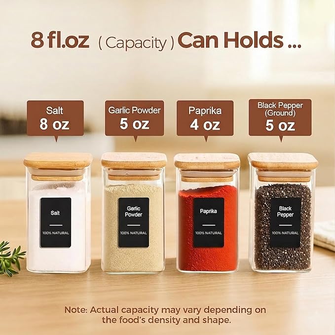 ComSaf Glass Spice Jars with Labels 8 oz 12 Pack Square Bamboo Lids | Empty Containers, Seasoning Herbs Powders, Salt Pepper Chili, Spice Rack Organization, Kitchen Cabinet Storage, Dry Goods