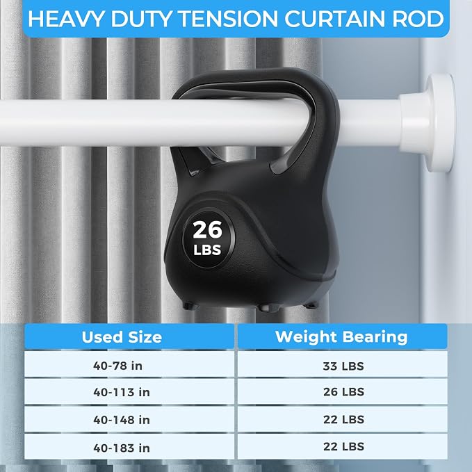 AIZESI Heavy Duty Tension Curtain Rod No Drilling Adjustable Shower Curtain Rod 40-78 Inch Spring Loaded Curtain Rods for Window, Bathroom, Doorway & Closet, Renter Friendly, 1.25"Diameter, White