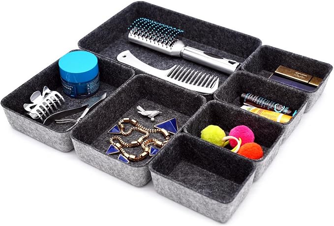 Welaxy 7pc Shallow Felt Desk Drawer Organizers Trays Charcoal Storage Bins