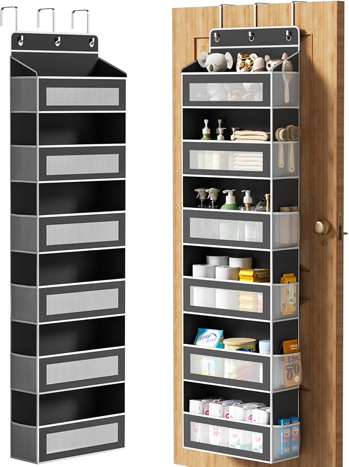 6-Tier Over The Door Organizer with 6 Large Pockets, Over the Door Storage 12 Side Pockets, Hanging Door Organzier 44 lb Load Behind Door Storage Hanging Shelf for Closet Wall Bathroom Nursery, Black