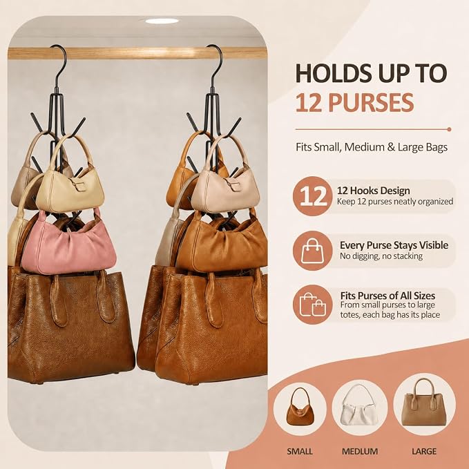 ZEDODIER 2 Pack Purse Organizer for Closet, Heavy-Duty Hanging Purse Hanger Closet Holds Up to 12 Purses, Metal Rotating Space Saving Bag Holder Handbag Storage Hook Backpack Rack, Black