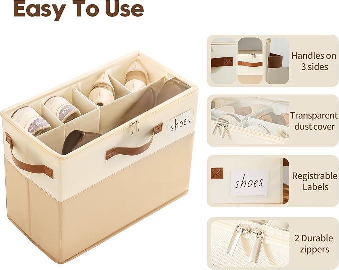 Varhomax Shoe Organizer Box for Closet, Small Fabric Storage Basket 3 Pack | Foldable Shoe Bin with Adjustable Dividers & Clear Cover, Saving Space Sneakers & Sandals Containers for Entryway, Cubby