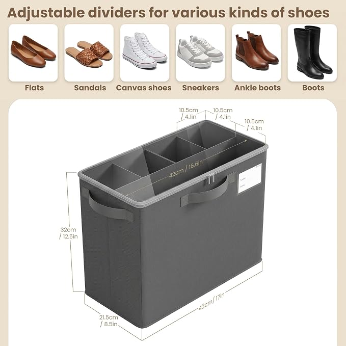 Varhomax Shoe Organizer Box for Closet, Small Fabric Storage Basket 3 Pack | Foldable Shoe Bin with Adjustable Dividers & Clear Cover, Saving Space Sneakers & Sandals Containersfor Entryway, Cubby