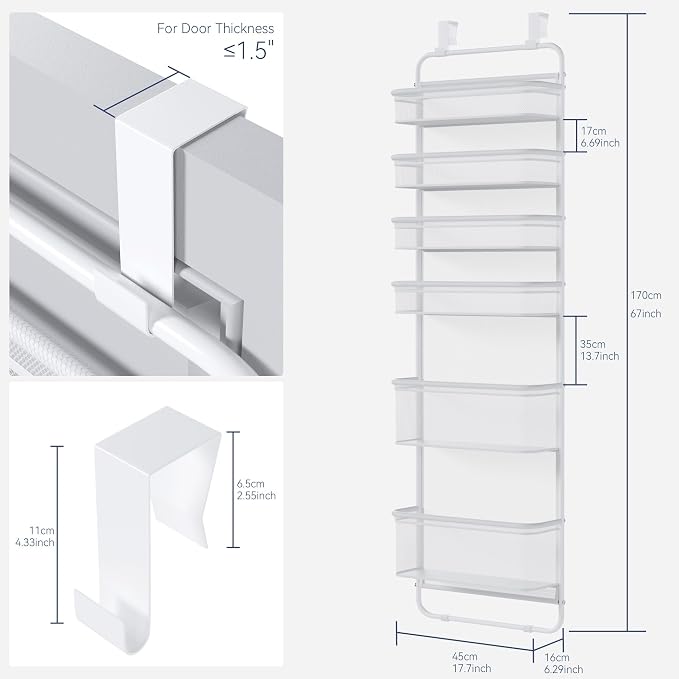Whitmor Over The Door Organizer Storage, 6 Tier Hanging Door Organizer with Metal Frame & Mesh Baskets, Heavy Duty Behind Door Storage for Pantry, Bathroom, Closet, 17.7"W x 7.9"D x 67"H, White