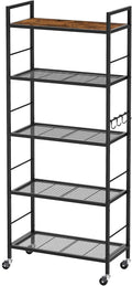 5-Tier Metal Storage Rack with Industrial Wheels,Mesh Shelving Unit with Wooden Table top,Adjustable Shelf,23.6-Inch Width,for Kitchen, Laundry,Pantry,Plant,Black