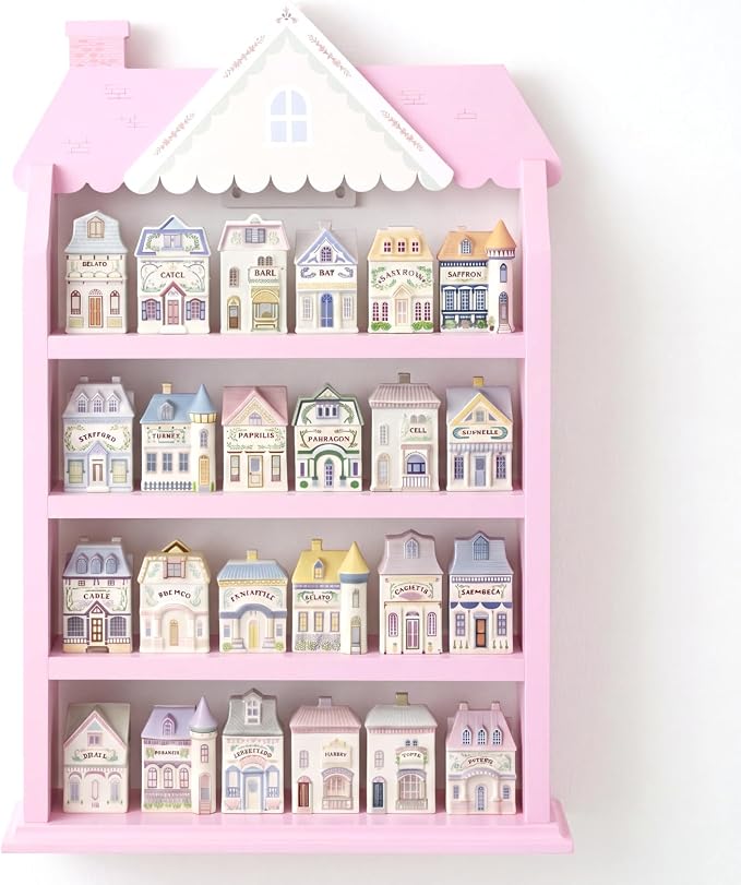 Chunful Vintage Spice Jar Wooden Rack with 4 Tier Hanging Spice Rack Wall Mounting Kitchen Storage Village Style Display Shelf for 24 Jar, Christmas Wedding Bridal Gift, Shelf Only(Pastel Pink House)