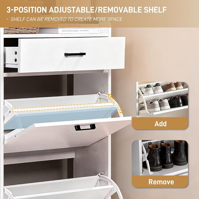Karl home White Farmhouse Shoe Cabinet, Cushioned Entryway Bench Organizer | Narrow Slim Freestanding Shoe Rack Featuring 2 Flip Drawers and Top Flip Drawer, Ideal for Entryway, Living Room