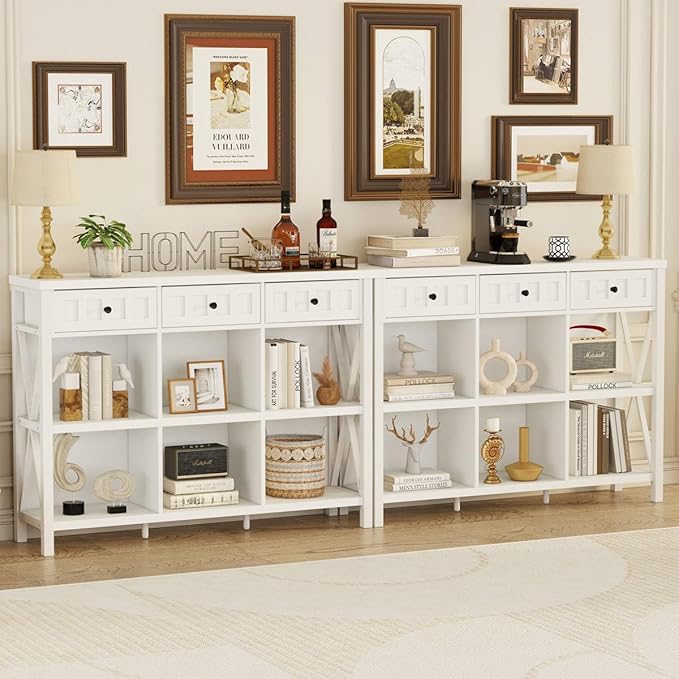 FATORRI 6 Cube Storage Organizer Bookshelf with 3 Drawers, 47 Inch Long Horizontal Bookshelf, Modern Wood Short Book Shelf. Low Cube Bookcase for Living Room, Home Office, Entryway (White Oak)