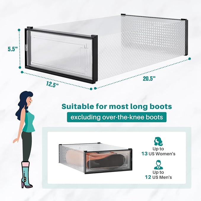 12-Piece Boot and Shoe Storage Box, Stackable Clear Plastic Shoe Box, Space-Saving Shoe Organizer for Boots, Sneakers, and High Heels, Black