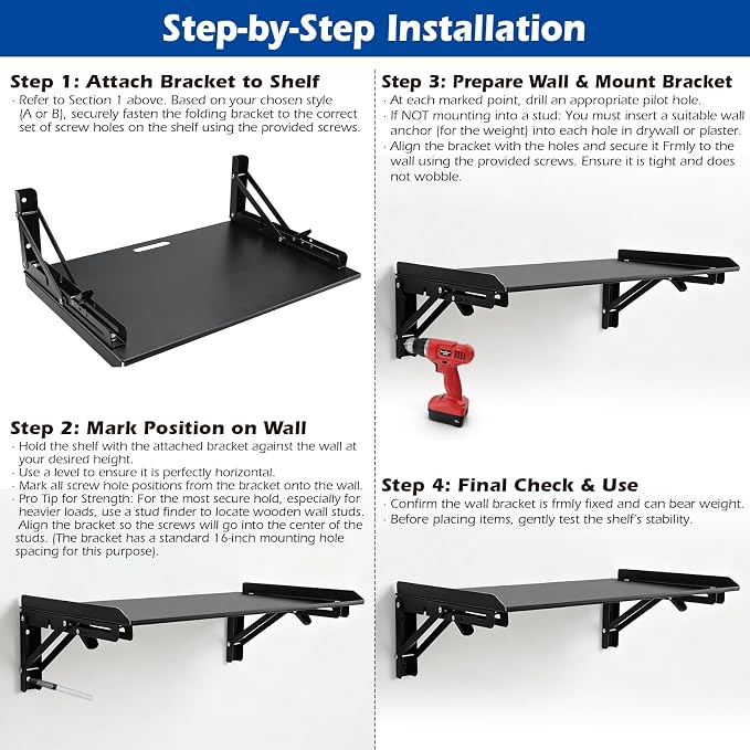 Folding Metal Floating Shelf, 16.9" x 11" Wall Mount Storage Rack with Lip, Heavy Duty Steel Fold Down Shelf for Garage, Kitchen, Bedroom, Office (Black)