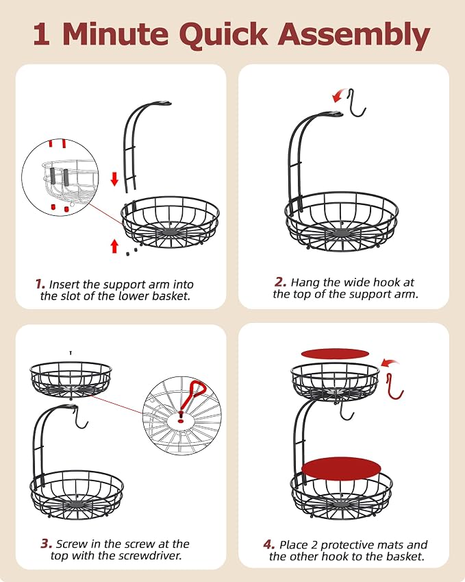 Sevenblue 2 Tier Modern Fruit Basket for Kitchen Counter with 2 Banana Hook | Space-Saving Vertical Storage for Veggies, Bread, Snacks, Fits Under Cabinets, Includes Protective Mats to Prevent Bruising
