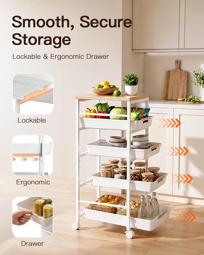Pipishell Rolling Storage Cart with Drawers & Lockable Wheels, 5 Tier Kitchen Cart with Safety Stops & Vented Design, Wood Top, Pull-Out Utility Cart for Kitchen, Home Office, Bedside, White