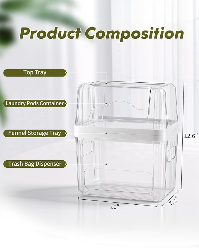 iCASA 3 in 1 Trash Bag Dispenser Holder Dishwasher Pod Organizer | Garbage Bag Dispenser Under Sink Organizer for 13/30/33 Gallon Bag, Kitchen Clear Plastic Storage Bins Laundry Pods Container