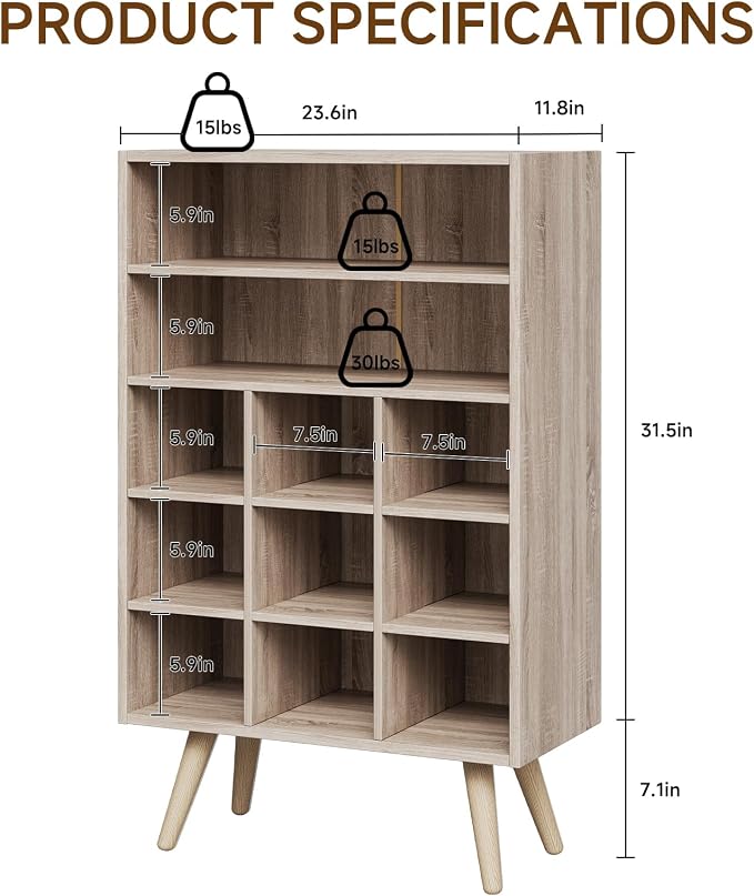 5 Tiers Shoe Cubby, Shoe Storage Cabinet with 9 Cubbies, Wooden Shoe Rack Organizer with 2 Shelves and Legs, 10-15 Pairs, Freestanding Cubby Shoe Rack for Closet, Entryway, Bedroom, Natural