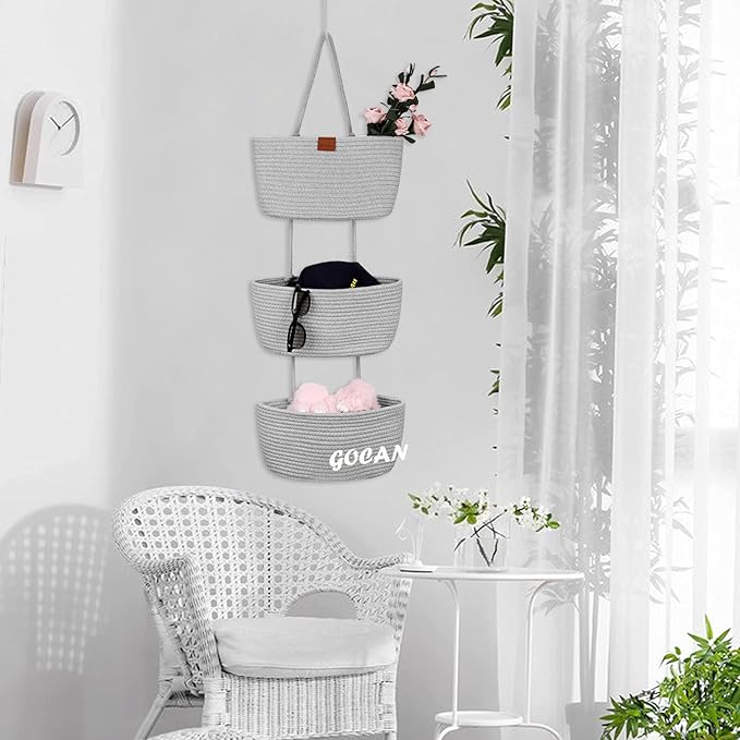 GOCAN Hanging Storage Baskets Over the Door Hanging Basket, 3-Tier Cotton Rope Woven Hanging Organizer, Detachable Decorative Hanging Baskets for Wall Living Room, Bathroom and Bedroom(grey)