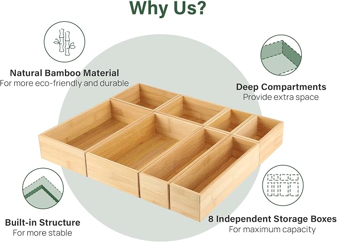 Kootek 8 Pcs Bamboo Drawer Organizer Utensil Tray Kitchen Storage Box 4-Size Versatile Dividers Cutlery Holders Bins Containers for Flatware Kitchen Utensils