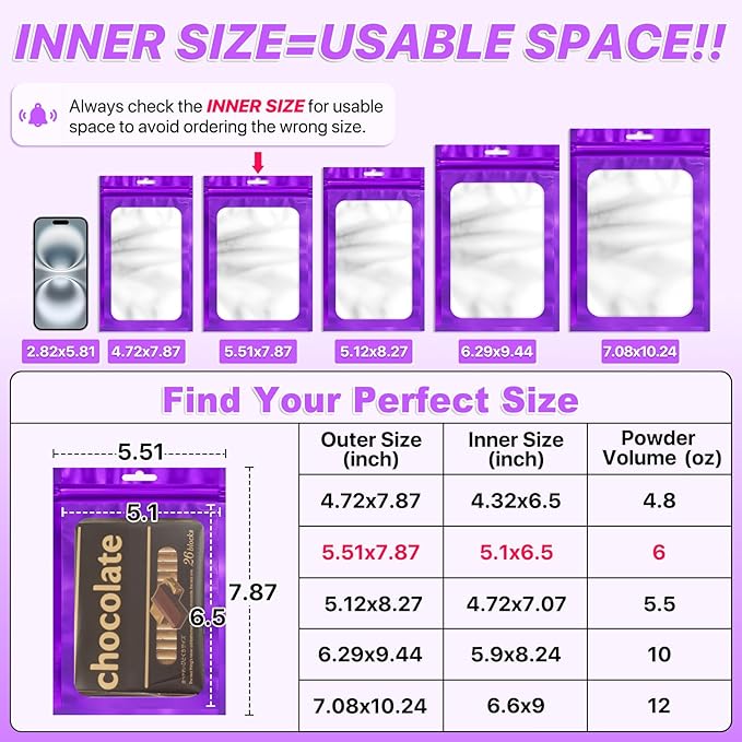 100 PCS Resealable Mylar Bags with Frosted Clear Window Packaging Bags Foil Pouch Zipper Bag for Food Self Sealing Storage Supplies (5.51x7.87, Purple)