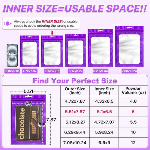 100 PCS Resealable Mylar Bags with Frosted Clear Window Packaging Bags Foil Pouch Zipper Bag for Food Self Sealing Storage Supplies (5.51x7.87, Purple)